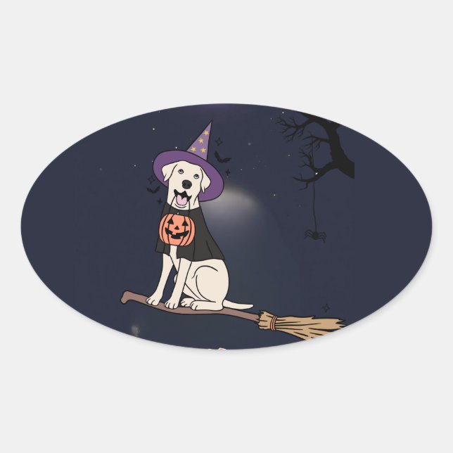 Moonlit Pup – Halloween Dog in Witch Hat Oval Sticker (Front)