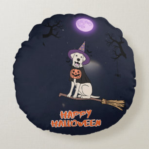 Moonlit Pup – Halloween Dog in Witch Hat Round Cushion