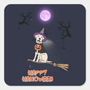 Moonlit Pup – Halloween Dog in Witch Hat Square Sticker