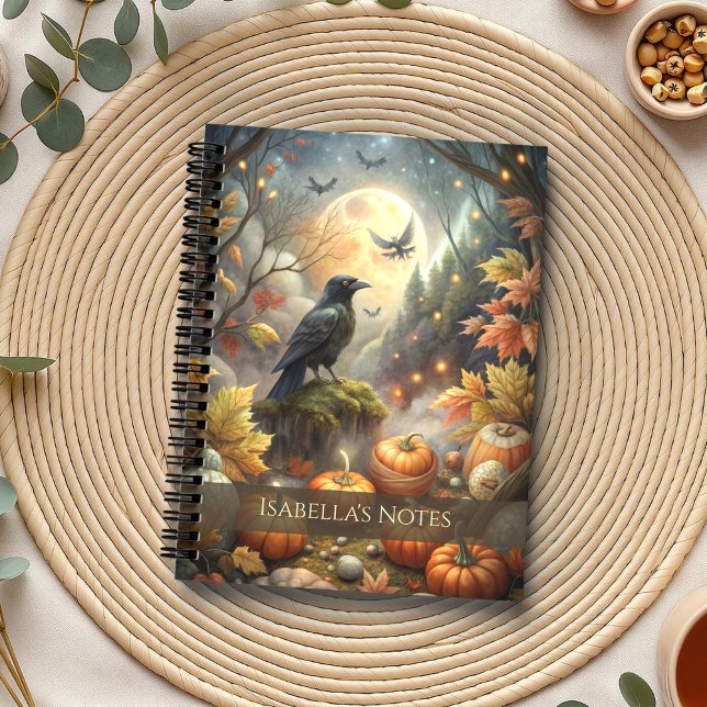 Moonlit Raven Magical Autumn Forest Notebook (Moonlit Raven Magical Autumn Forest Notebook on a boho table with eucalyptus and a cup of tea.)