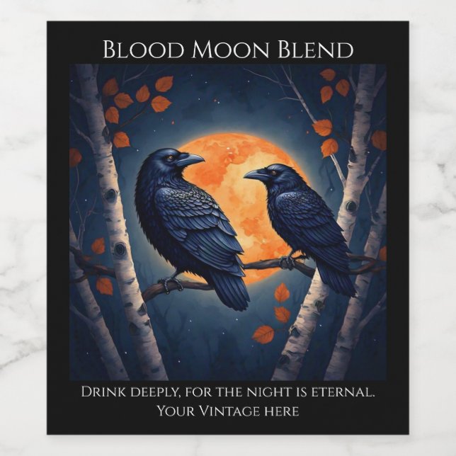 Moonlit Ravens on Birch Trees  Wine Label (Single Label)