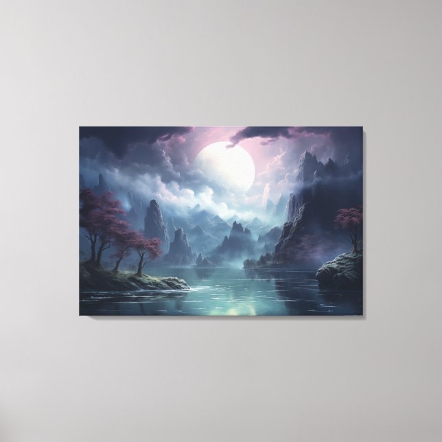 Moonlit River Fantasy: Tranquil Zen Landscape Canvas Print (Front)