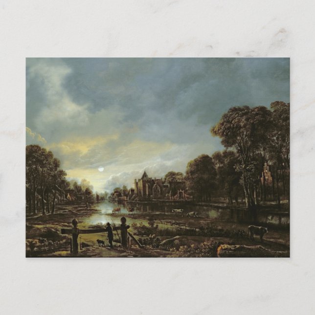 Moonlit River Landscape with Cottages Postcard (Front)