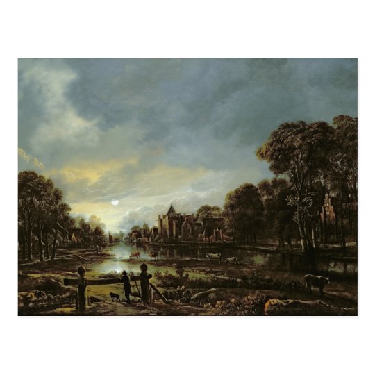 Moonlit River Landscape with Cottages Postcard
