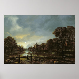 Moonlit River Landscape with Cottages Poster