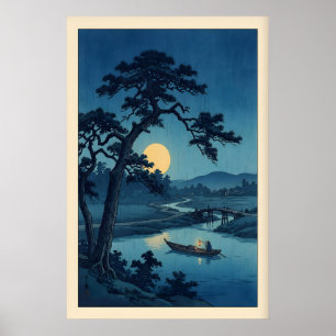 Moonlit River Print Japanese Woodblock Style Night