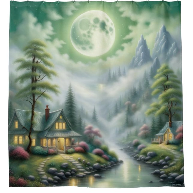 “Moonlit River Village” Shower Curtain (Front)