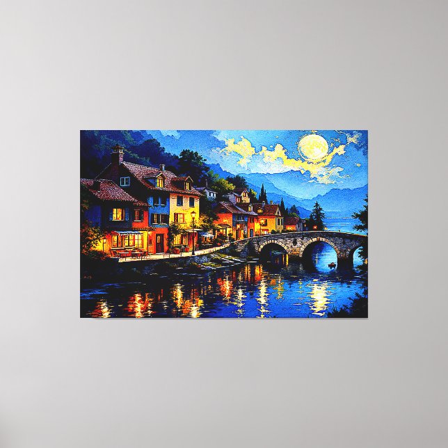 Moonlit Riverside Village Canvas Print (Front)