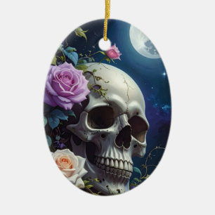 Moonlit Roses Skull Ceramic Tree Decoration