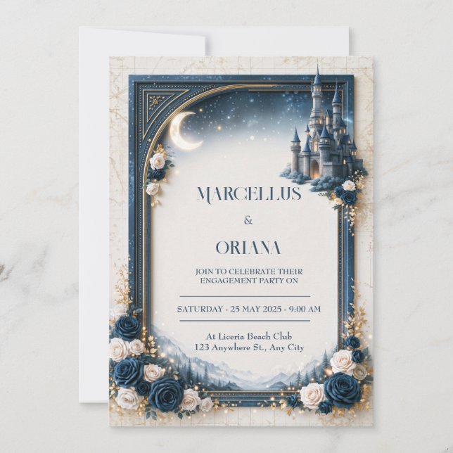Moonlit Sapphire Castle Wedding Invitation (Front)