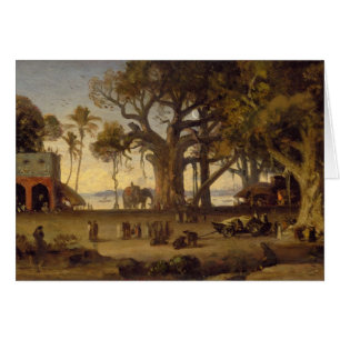 Moonlit Scene of Indian Figures and Elephants amon