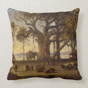 Moonlit Scene of Indian Figures and Elephants amon Cushion