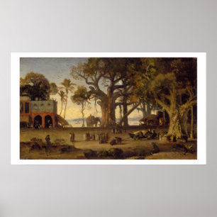 Moonlit Scene of Indian Figures and Elephants amon Poster