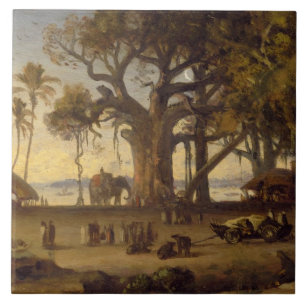 Moonlit Scene of Indian Figures and Elephants amon Tile