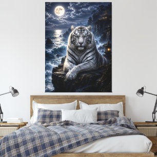 Moonlit Sea Guardian White Tiger Fantasy Art O Canvas Print