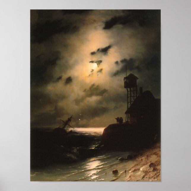 Moonlit Seascape With Shipwreck Poster (Front)