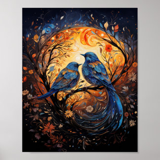 Moonlit Serenade: Romantic Blue Birds Poster