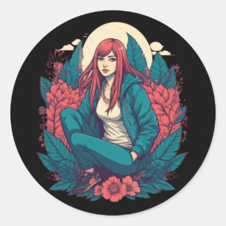 Moonlit Serenity: A Redhead's Reflection Classic Round Sticker