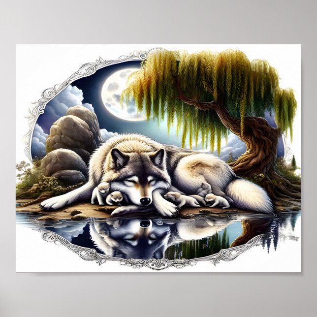 Moonlit Serenity A Slumbering Wolf 10x8 Poster (Front)