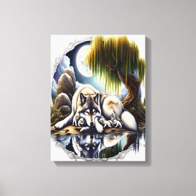 Moonlit Serenity A Slumbering Wolf 12x16 Canvas Print (Front)