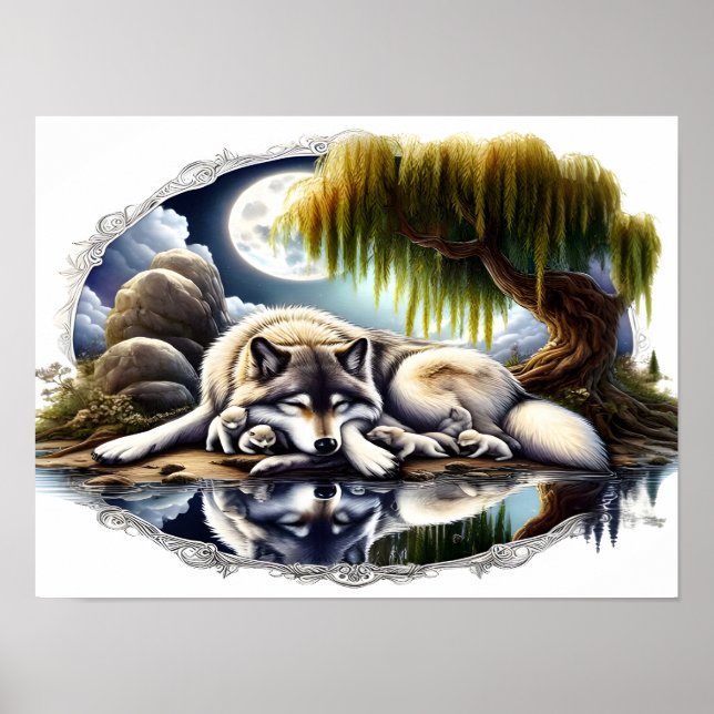 Moonlit Serenity A Slumbering Wolf 16x12 Poster (Front)