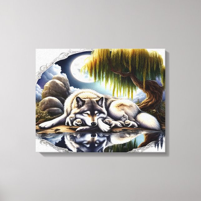 Moonlit Serenity A Slumbering Wolf 20x16 Canvas Print (Front)