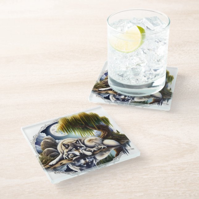 Moonlit Serenity A Slumbering Wolf Glass Coaster (Angled)