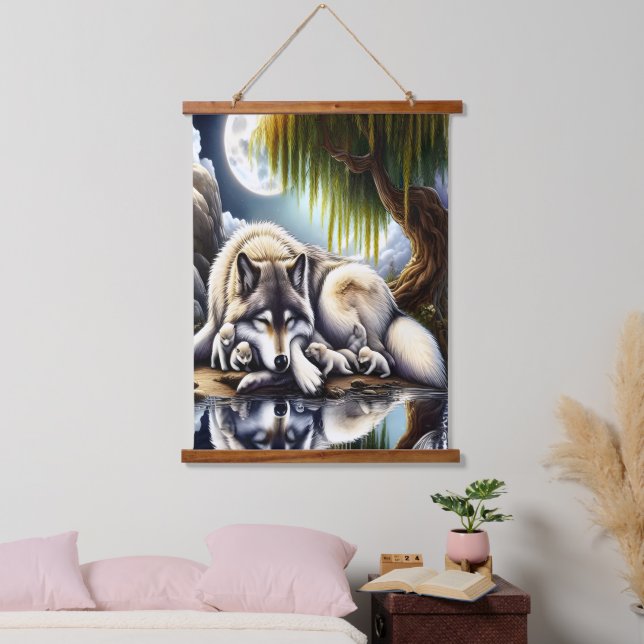 Moonlit Serenity A Slumbering Wolf Hanging Tapestry (Bedroom)