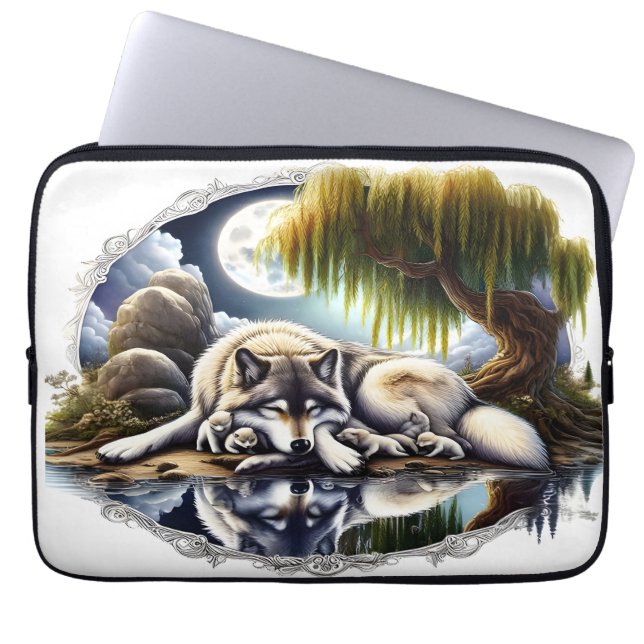 Moonlit Serenity A Slumbering Wolf Laptop Sleeve (Front)