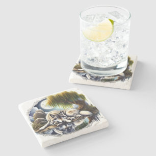 Moonlit Serenity A Slumbering Wolf Stone Coaster