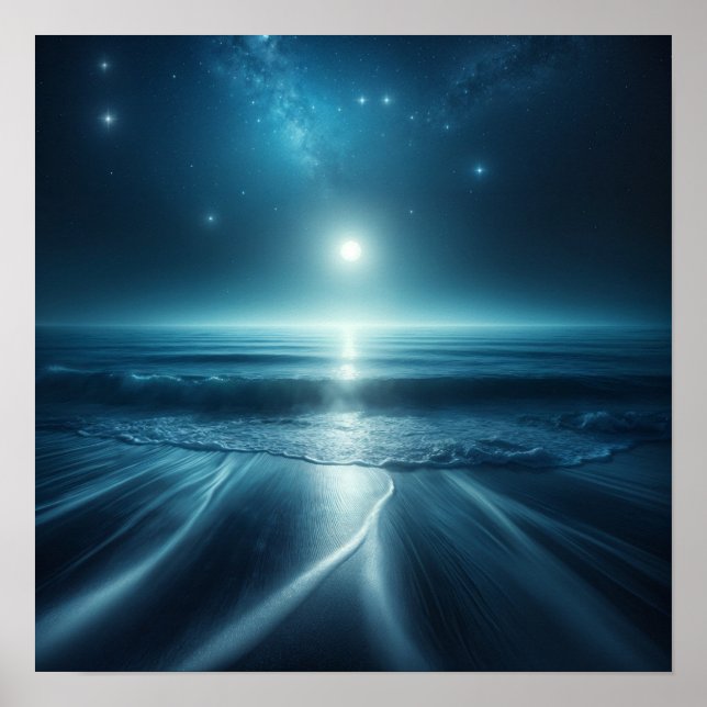 Moonlit Serenity: Beach Under Starry Sky  Poster (Front)