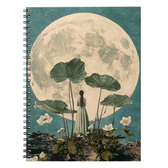 Moonlit Serenity – Vintage Lotus Scene Notebook (Front)