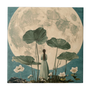 Moonlit Serenity – Vintage Lotus Scene Tile