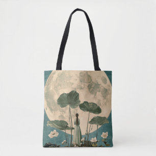Moonlit Serenity – Vintage Lotus Scene Tote Bag