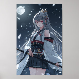 Moonlit Snow Samurai — Elegant Anime Girl Warrior Poster