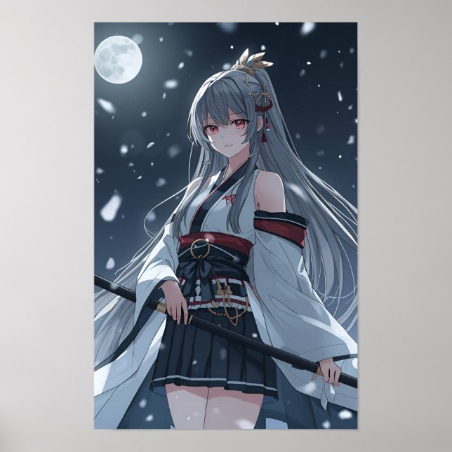 Moonlit Snow Samurai — Elegant Anime Girl Warrior  Poster (Front)