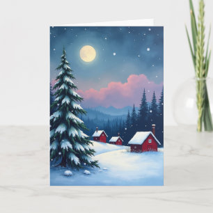 Moonlit Snowy Cabin Night Card