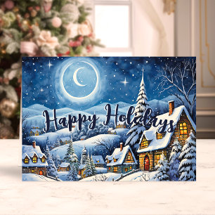 Moonlit Snowy Village Christmas Holiday Card