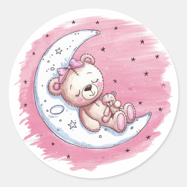 Moonlit Snuggles: A Bear’s Dream Girl Baby Shower Classic Round Sticker (Front)