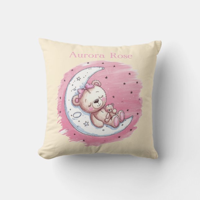 Moonlit Snuggles: A Bear’s Dream Girl Baby Shower Cushion (Front)