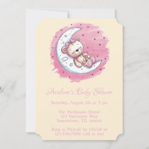 Moonlit Snuggles: A Bear’s Dream Girl Baby Shower Invitation