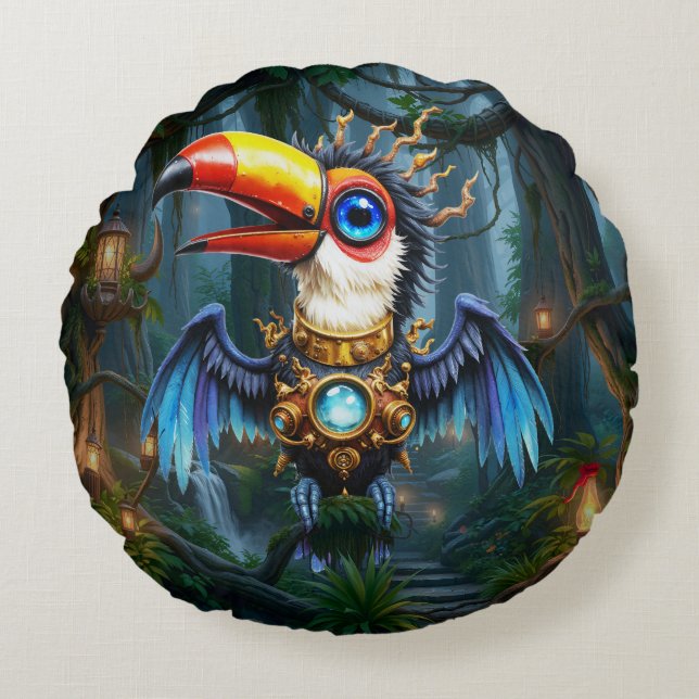 Moonlit Steampunk Toucan.  Round Cushion (Front)