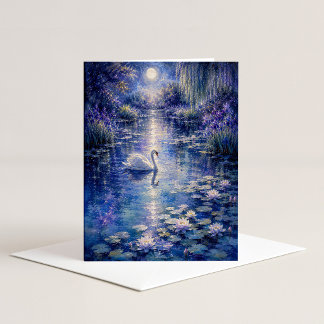 Moonlit Swan Watercolor Note Card