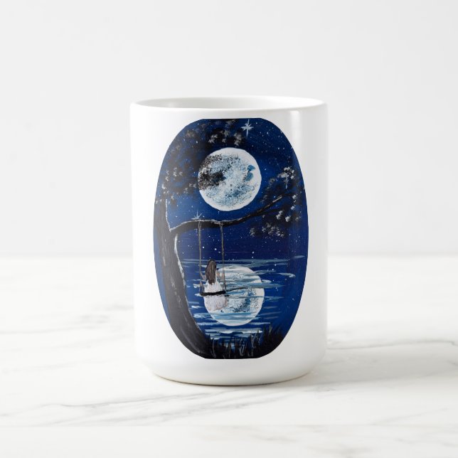 Moonlit Swing by the Lake-handmade artwork  Coffee Mug (Center)