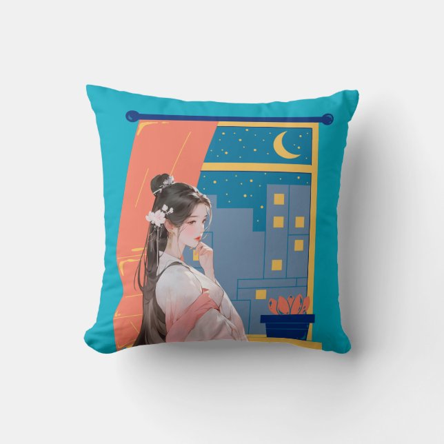 Moonlit Thoughts – Elegant Anime Cushion (Front)