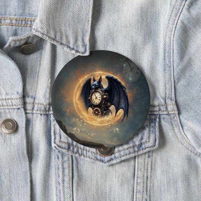 Moonlit Timekeeper – Steampunk Bat  10 Cm Round Badge (In Situ)