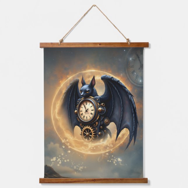 Moonlit Timekeeper – Steampunk Bat  Hanging Tapestry (Front)