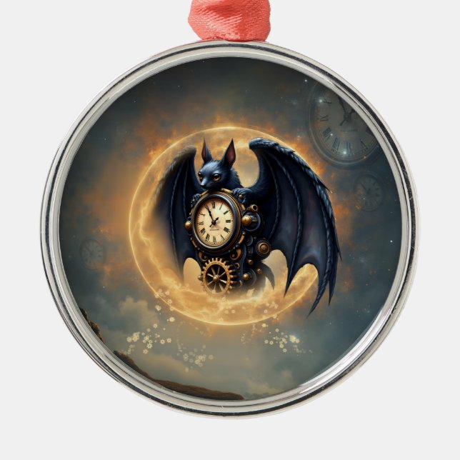 Moonlit Timekeeper – Steampunk Bat  Metal Tree Decoration (Front)