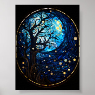 Moonlit Tree Stained Glass Celestial Art Poster