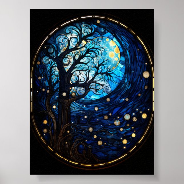 Moonlit Tree Stained Glass Celestial Art Poster (Front)